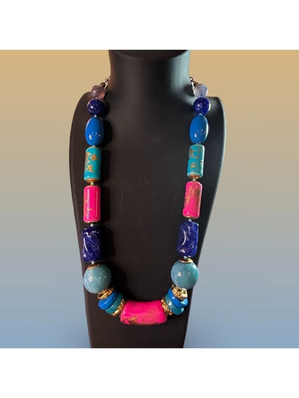 Handcrafted Italian Statement Necklace Bold Pink & Blue Beads Chunky Boho Style